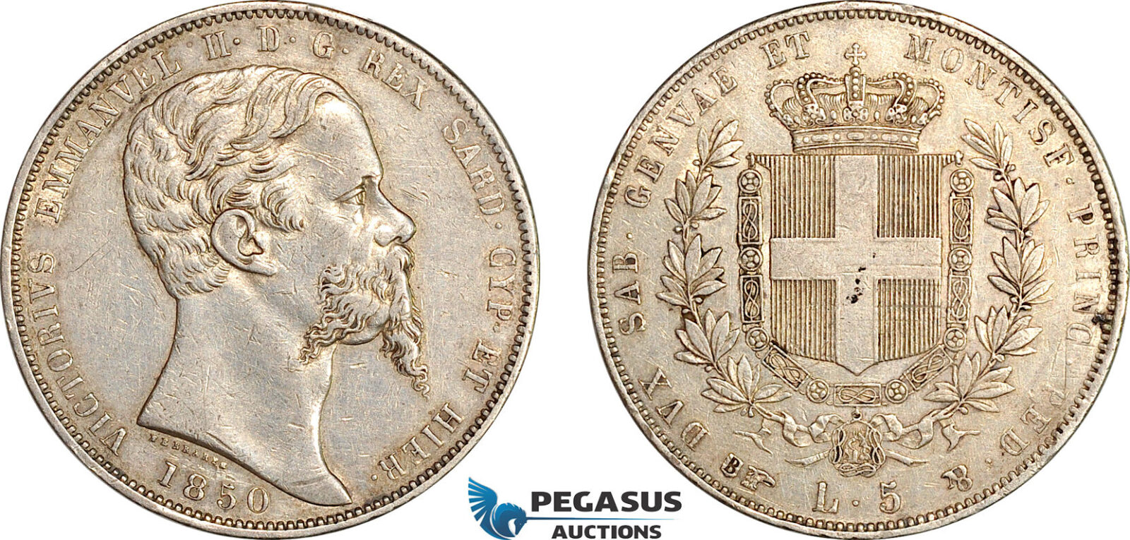 AI644, Italy, Sardinia, Victor Emmanuel II, 5 Lire 1850 B, Turin Mint, Silver, R2, Lightly cleaned, VF+