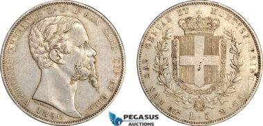 AI644, Italy, Sardinia, Victor Emmanuel II, 5 Lire 1850 B, Turin Mint, Silver, R2, Lightly cleaned, VF+