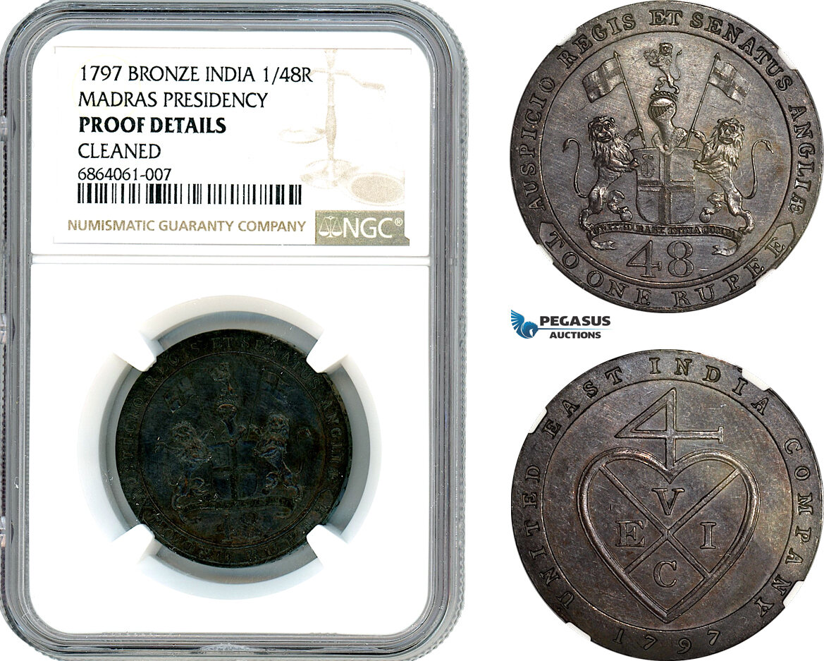 AI663, India (British) Madras Presidency, 1/48 Rupee 1797, NGC Proof Details
