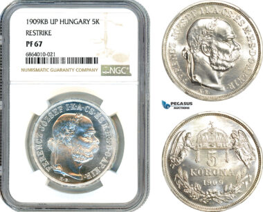 AI819, Hungary, Franz Joseph, Restrike 5 Korona 1909 KB UP, Kremnitz Mint, Silver, NGC PF67