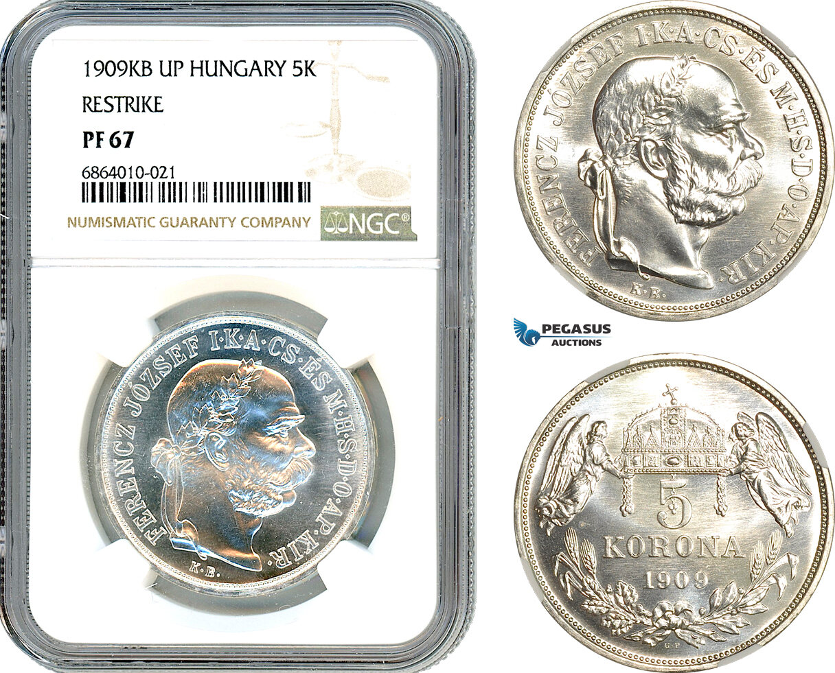 AI819, Hungary, Franz Joseph, Restrike 5 Korona 1909 KB UP, Kremnitz Mint, Silver, NGC PF67