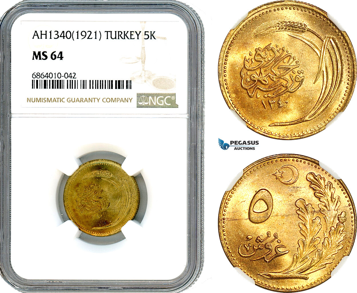 AI842, Turkey, 5 Kurush AH1340 (1921) NGC MS64