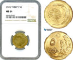 AI843, Turkey, 5 Kurush 1926, Istanbul Mint, NGC MS64