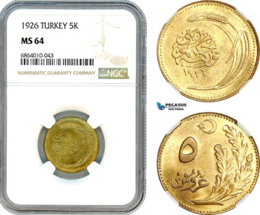 AI843, Turkey, 5 Kurush 1926, Istanbul Mint, NGC MS64