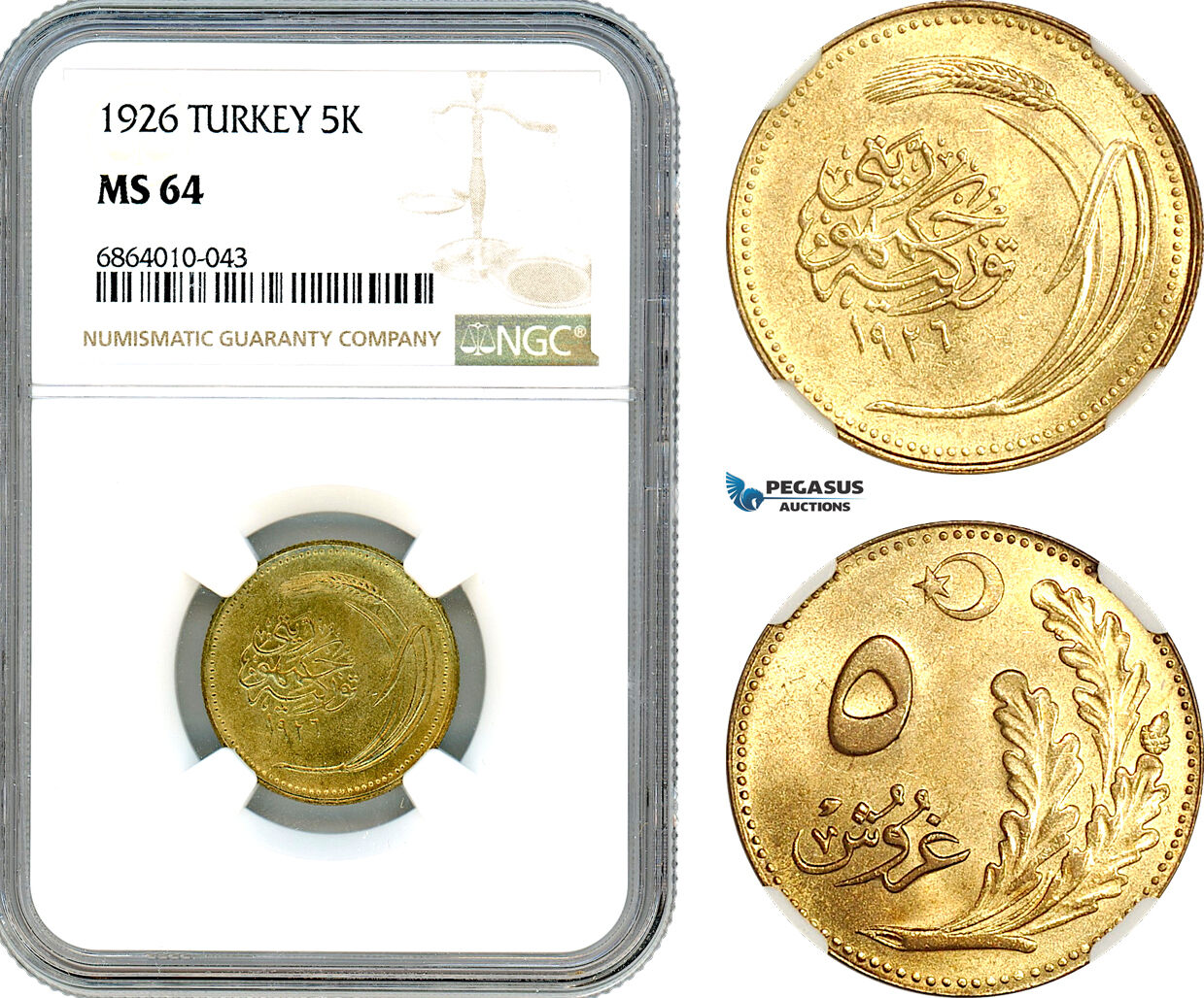 AI843, Turkey, 5 Kurush 1926, Istanbul Mint, NGC MS64