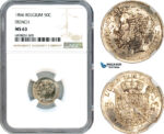 AK088, Belgium, Leopold II, 50 Centimes 1866, French text, Brussels Mint, Silver, NGC MS63
