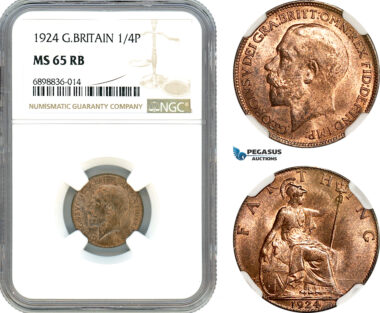 AK096, Great Britain, George V, Farthing (1/4 Penny) 1924, London Mint, NGC MS65RB
