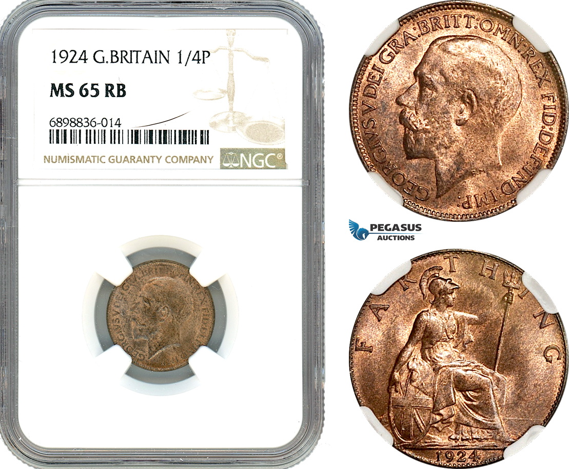 AK096, Great Britain, George V, Farthing (1/4 Penny) 1924, London Mint, NGC MS65RB