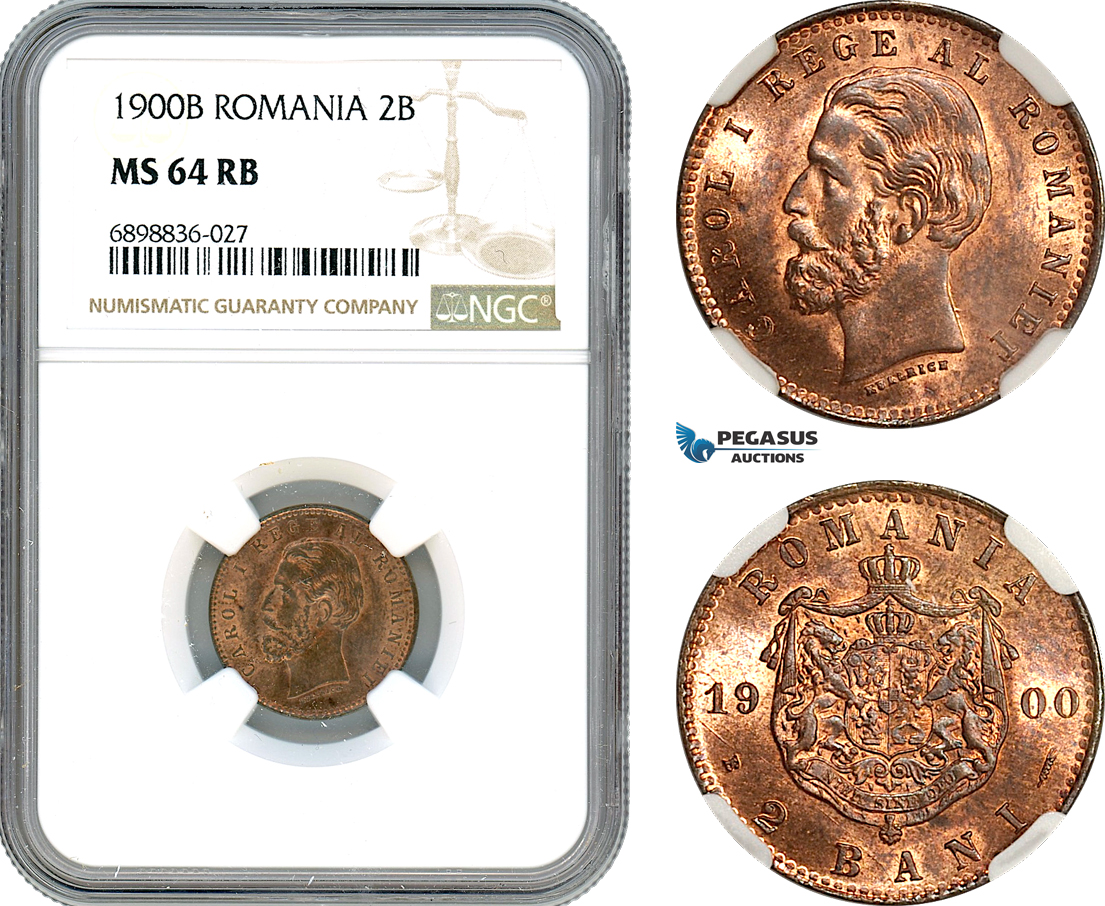 AK105, Romania, Carol I, 2 Bani 1900 B, Bucharest Mint, NGC MS64RB