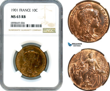 AK114, France, Third Republic, 10 Centimes 1901, Paris Mint, NGC MS63RB