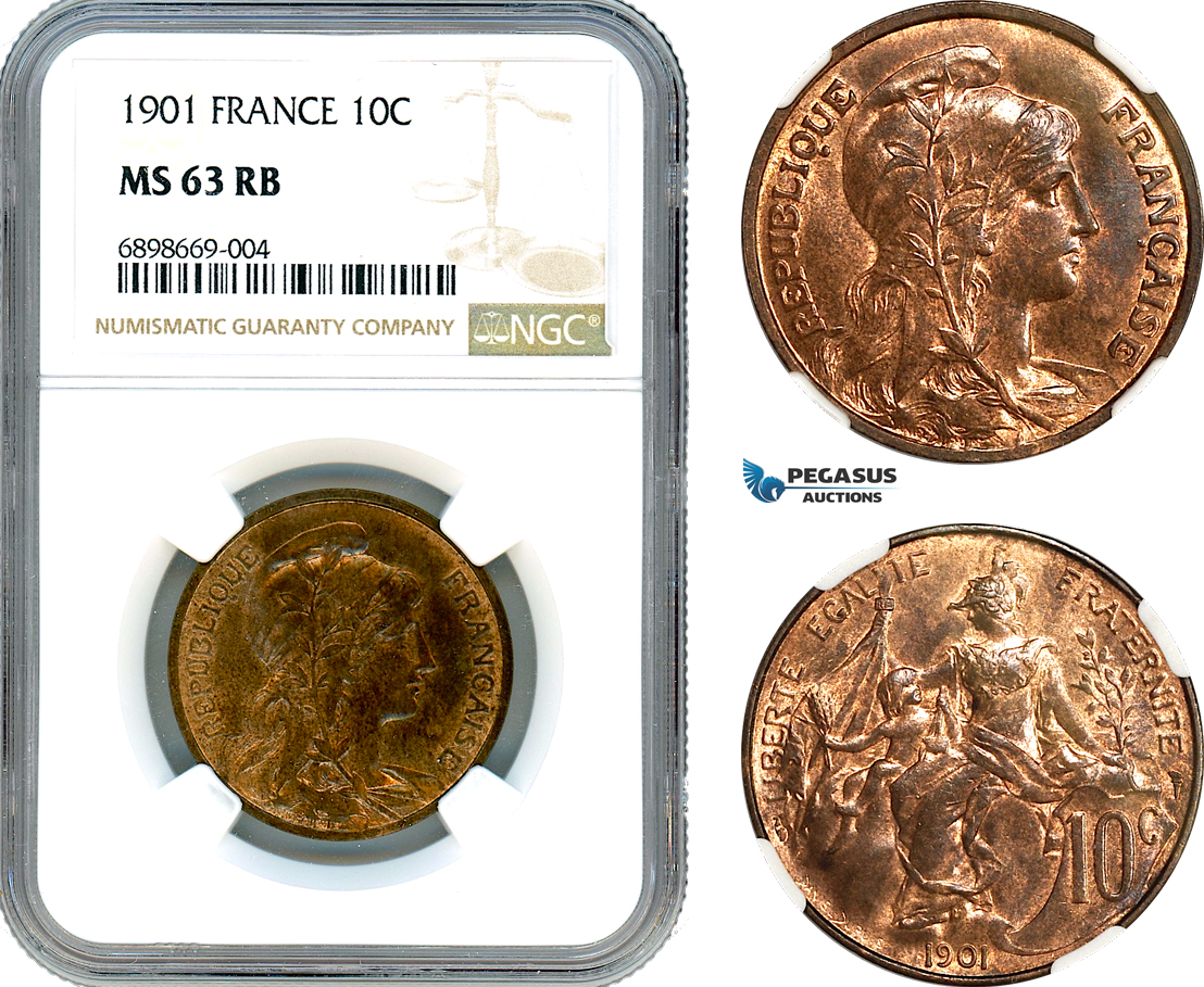 AK114, France, Third Republic, 10 Centimes 1901, Paris Mint, NGC MS63RB