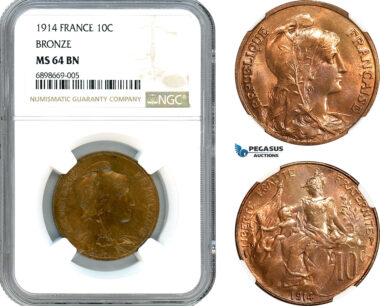 AK115, France, Third Republic, 10 Centimes 1914, Paris Mint, Bronze, NGC MS64BN