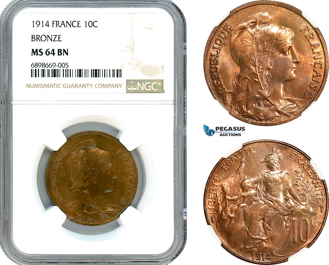 AK115, France, Third Republic, 10 Centimes 1914, Paris Mint, Bronze, NGC MS64BN