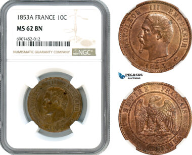 AK138, France, Napoleon III, 10 Centimes 1853 A, Paris Mint, NGC MS62BN