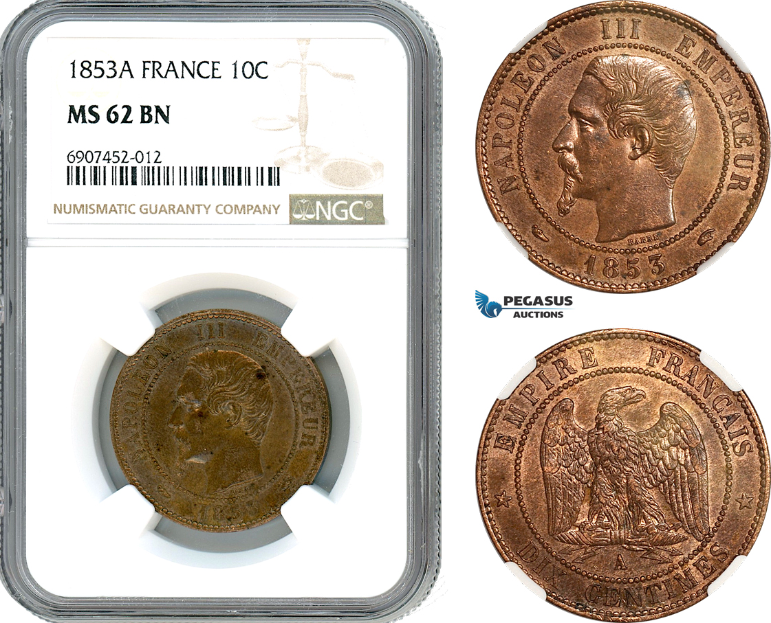 AK138, France, Napoleon III, 10 Centimes 1853 A, Paris Mint, NGC MS62BN