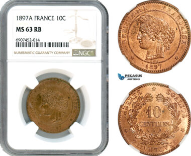 AK140, France, Third Republic, 10 Centimes 1897 A, Paris Mint, NGC MS63RB