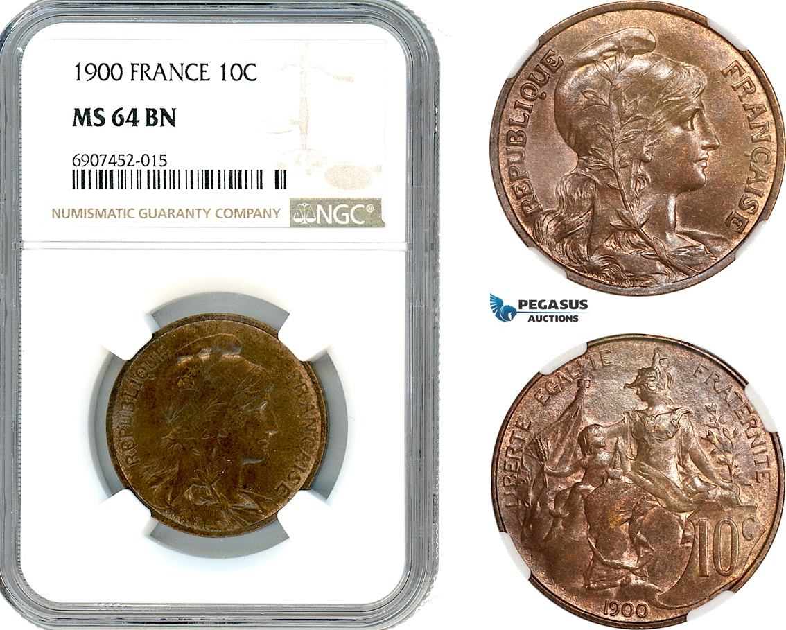 AK141, France, Third Republic, 10 Centimes 1900, Paris Mint, NGC MS64BN