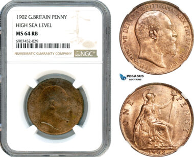 AK153, Great Britain, Edward VII, 1 Penny 1902, High Sea Level, London Mint, NGC MS64RB