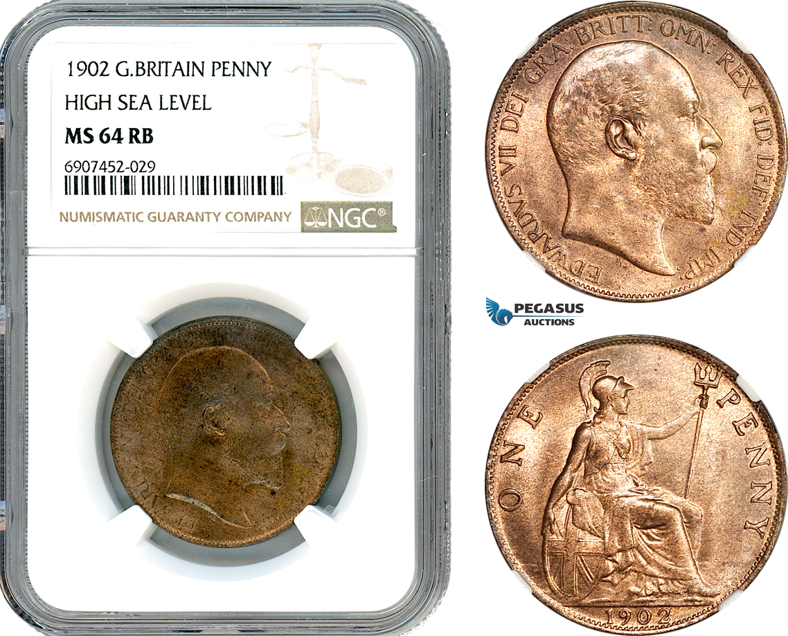 AK153, Great Britain, Edward VII, 1 Penny 1902, High Sea Level, London Mint, NGC MS64RB