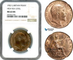 AK154, Great Britain, Edward VII, 1 Penny 1902, High Sea Level, London Mint, NGC MS63BN