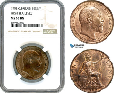 AK154, Great Britain, Edward VII, 1 Penny 1902, High Sea Level, London Mint, NGC MS63BN