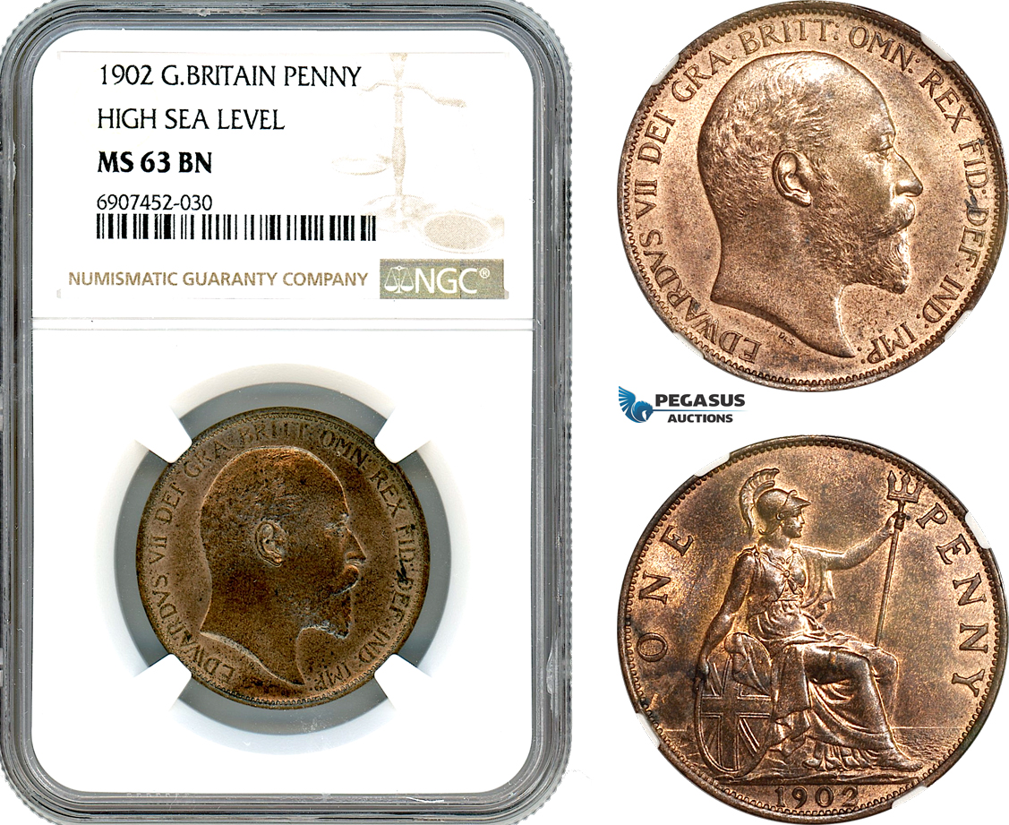 AK154, Great Britain, Edward VII, 1 Penny 1902, High Sea Level, London Mint, NGC MS63BN