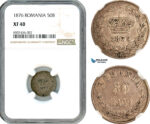 AK171, Romania, Carol I, 50 Bani 1876, Brussels Mint, Silver, NGC XF40