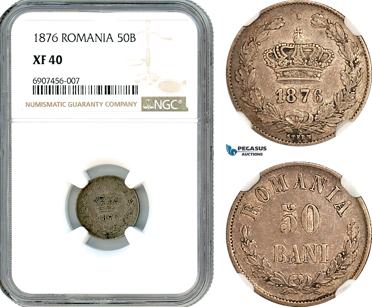 AK171, Romania, Carol I, 50 Bani 1876, Brussels Mint, Silver, NGC XF40