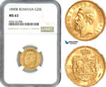 AK190, Romania, Carol I, 20 Lei 1890 B, Bucharest Mint, Gold, NGC MS63