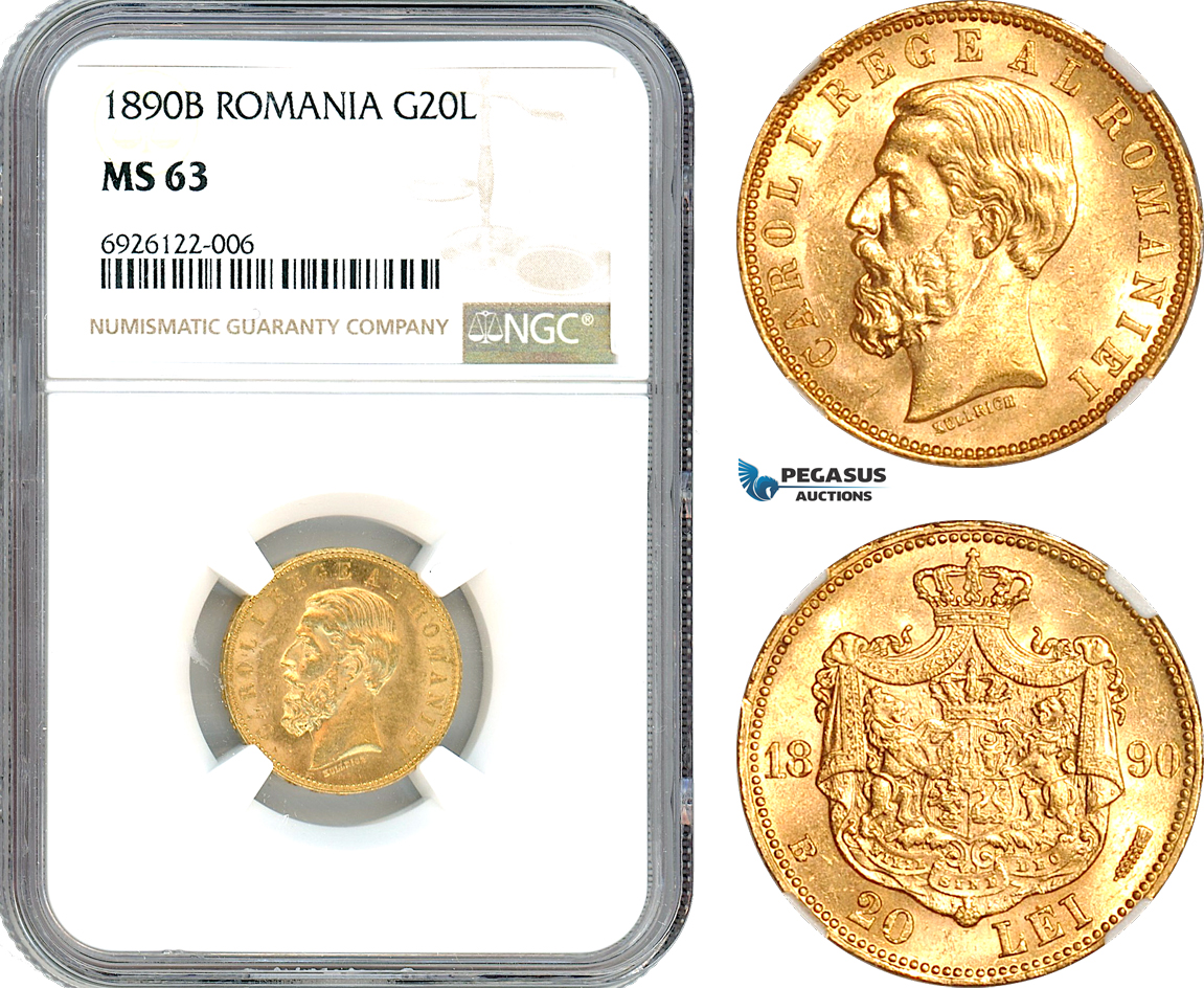 AK190, Romania, Carol I, 20 Lei 1890 B, Bucharest Mint, Gold, NGC MS63
