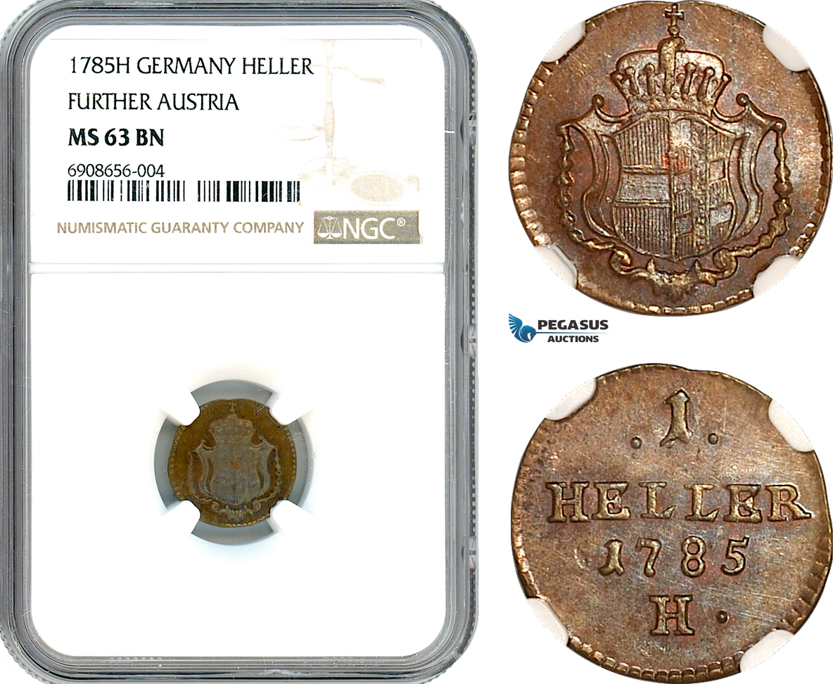 AK193, Germany (Further Austria) Joseph II, 1 Heller 1785 H, NGC MS63BN, Top Pop, Single Finest!