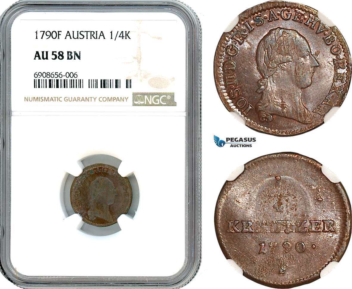 AK194, Austria, Joseph II, 1/4 Kreuzer 1790 F, NGC AU58BN, Top Pop, Single Finest! Rare!