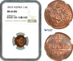 AK198, Austria, Franz Joseph, 1/4 Kreuzer 1851 B, Kremnitz Mint, NGC MS64BN