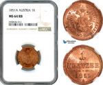 AK199, Austria, Franz Joseph, 1 Kreuzer 1851 A, Vienna Mint, NGC MS64RB