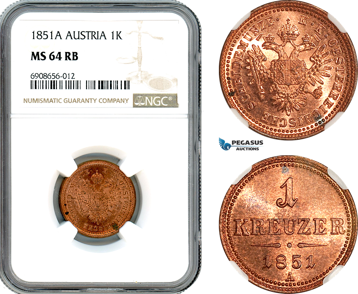 AK199, Austria, Franz Joseph, 1 Kreuzer 1851 A, Vienna Mint, NGC MS64RB
