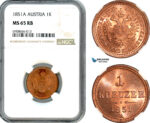 AK200, Austria, Franz Joseph, 1 Kreuzer 1851 A, Vienna Mint, NGC MS65RB, Top Pop!