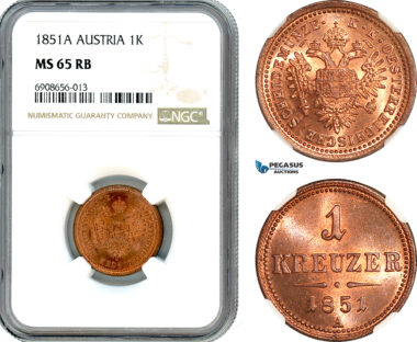 AK200, Austria, Franz Joseph, 1 Kreuzer 1851 A, Vienna Mint, NGC MS65RB, Top Pop!