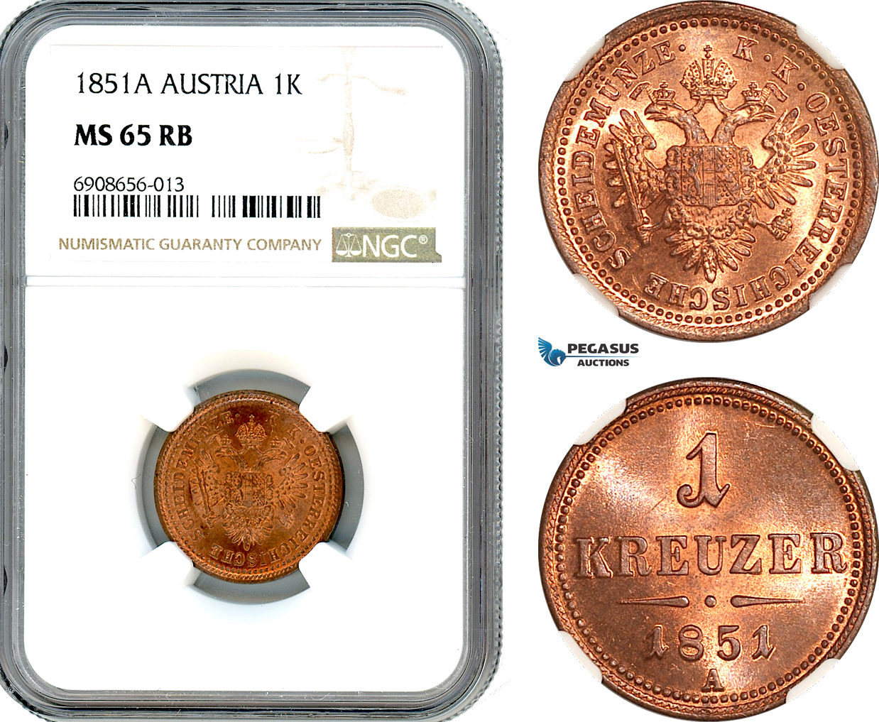 AK200, Austria, Franz Joseph, 1 Kreuzer 1851 A, Vienna Mint, NGC MS65RB, Top Pop!