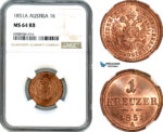 AK201, Austria, Franz Joseph, 1 Kreuzer 1851 A, Vienna Mint, NGC MS64RB