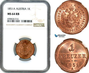 AK201, Austria, Franz Joseph, 1 Kreuzer 1851 A, Vienna Mint, NGC MS64RB