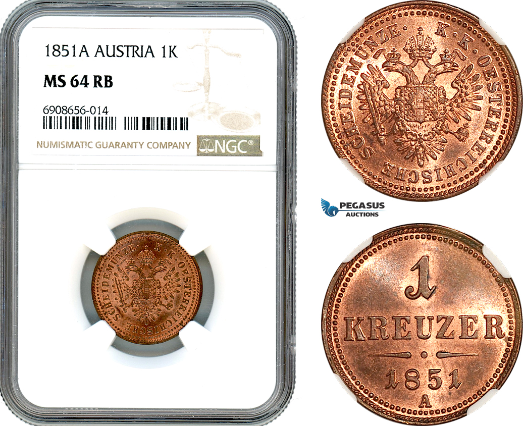 AK201, Austria, Franz Joseph, 1 Kreuzer 1851 A, Vienna Mint, NGC MS64RB