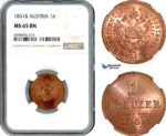 AK202, Austria, Franz Joseph, 1 Kreuzer 1851 B, Kremnitz Mint, NGC MS65BN, Top Pop, Single Finest!