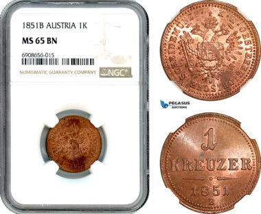 AK202, Austria, Franz Joseph, 1 Kreuzer 1851 B, Kremnitz Mint, NGC MS65BN, Top Pop, Single Finest!