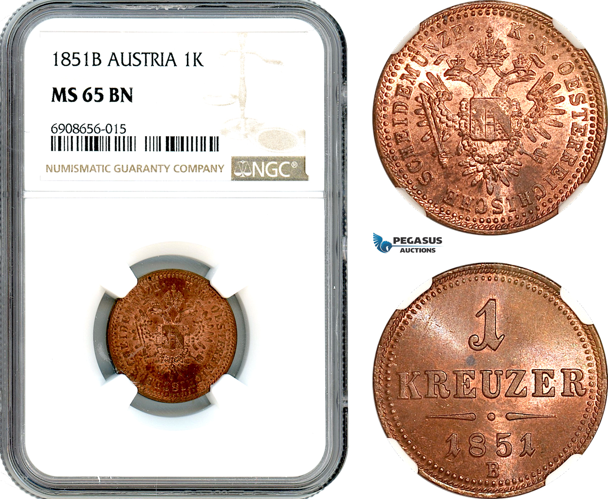 AK202, Austria, Franz Joseph, 1 Kreuzer 1851 B, Kremnitz Mint, NGC MS65BN, Top Pop, Single Finest!