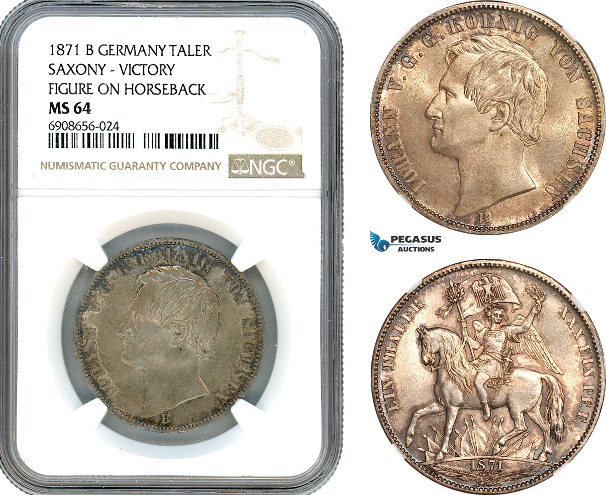 AK207, Germany, Saxony, Johann I, Taler 1871 B, Dresden Mint, Victory Figure on Horseback, Silver, NGC MS64
