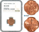 AK220, Austria, Franz Joseph, 1/2 Kreuzer 1851 B, Kremnitz Mint, NGC MS64RB