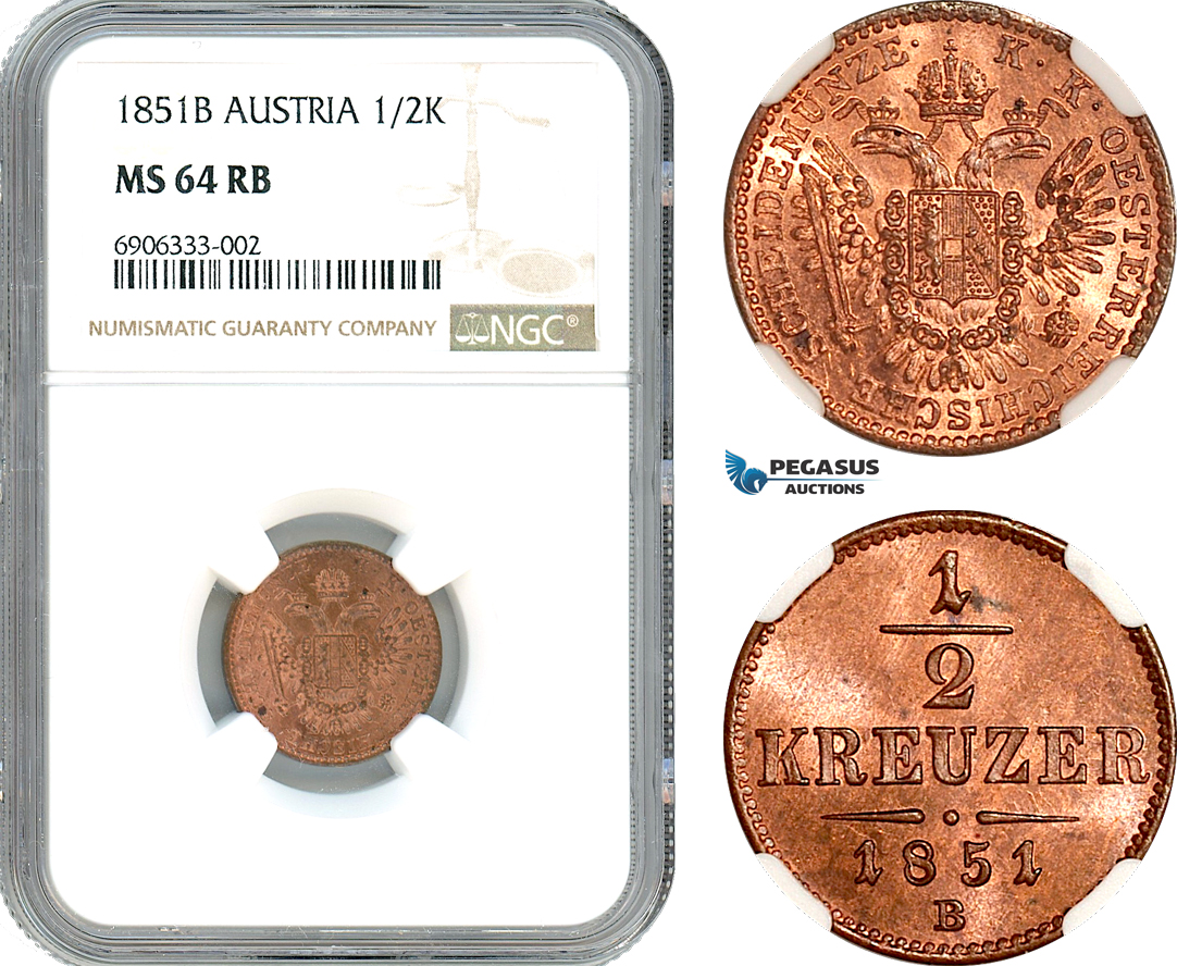 AK220, Austria, Franz Joseph, 1/2 Kreuzer 1851 B, Kremnitz Mint, NGC MS64RB