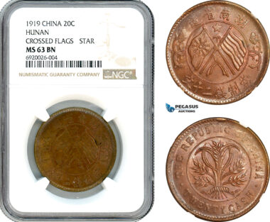 AK223, China, Hunan, 20 Cash 1919, Crossed Flags, Star, NGC MS63BN