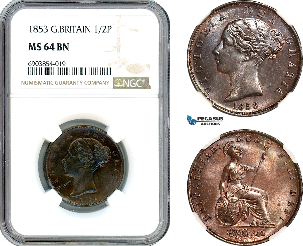 AK240, Great Britain, Victoria, 1/2 Penny 1853, London Mint, NGC MS64BN