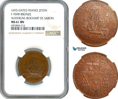 AK246, France, 1693 Bronze Medal, Auveragne - Bocart de Saron, NGC MS61BN